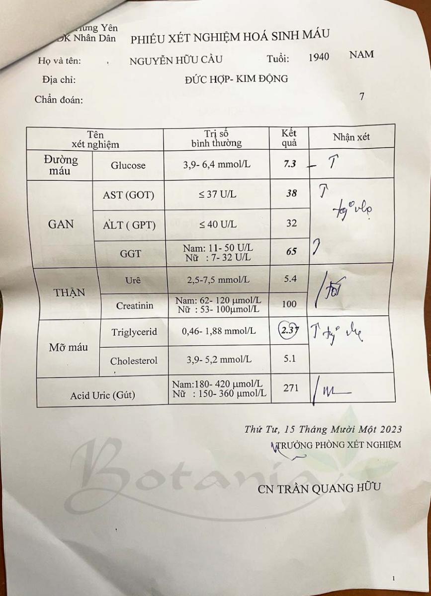 Xét nghiệm máu của ông Cầu vào tháng 11 năm 2023